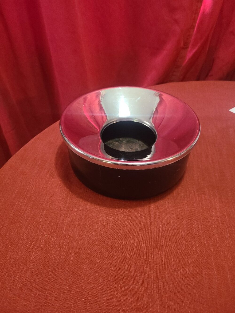 Art Deco Black Enamel & Chrome Ashtray Faries MFG Corp of Decatur IL 9.5" Circle
